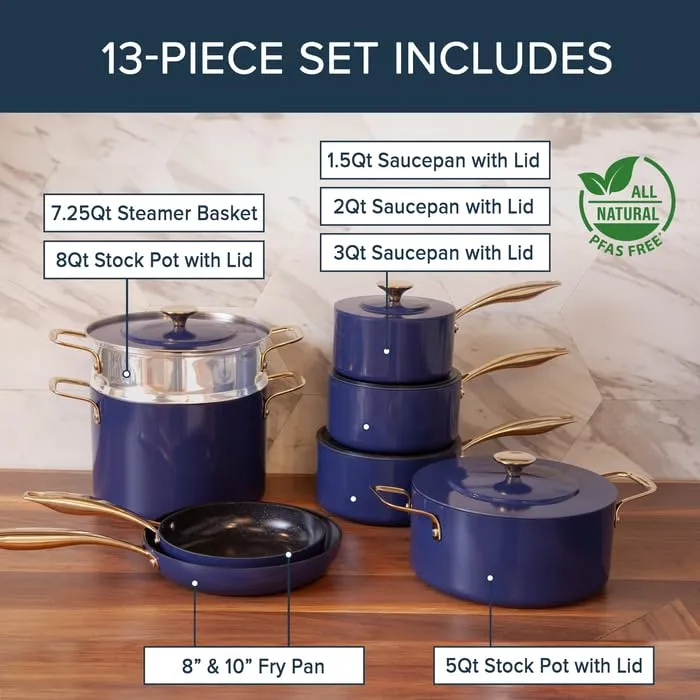 13pc Duralon Blue Luxury Edition Cookware Set, Healthy, Diamond Infused Nonstick Ceramic Coating