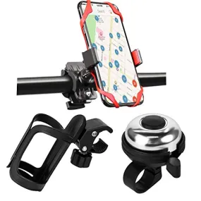 3 Pack Bike Water Bottle Holder, Silicone Phone Holder Secure, Aluminum Bike Bell, 360° Cup Holder Bottle Cage for Bike Motorcycle Stroller, Phone Mount Any Smart Phone, Bicycle Bell, Bike Accessories