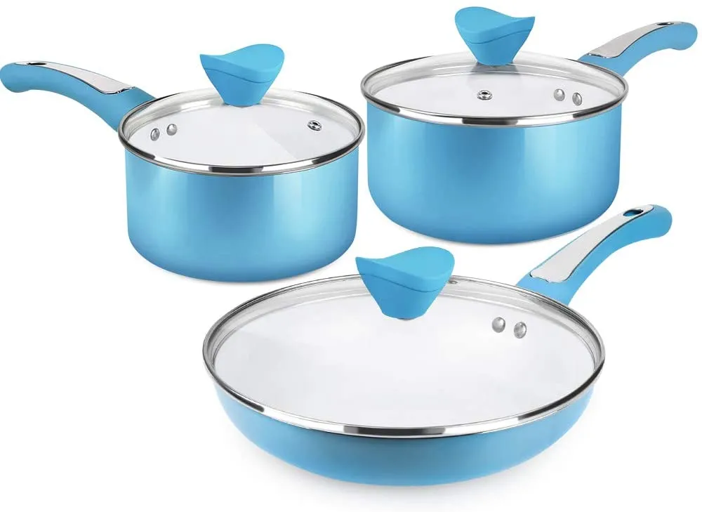 6 Pieces Nonstick Pots and Pans Set with Glass Lid Ceramic Cookware Set