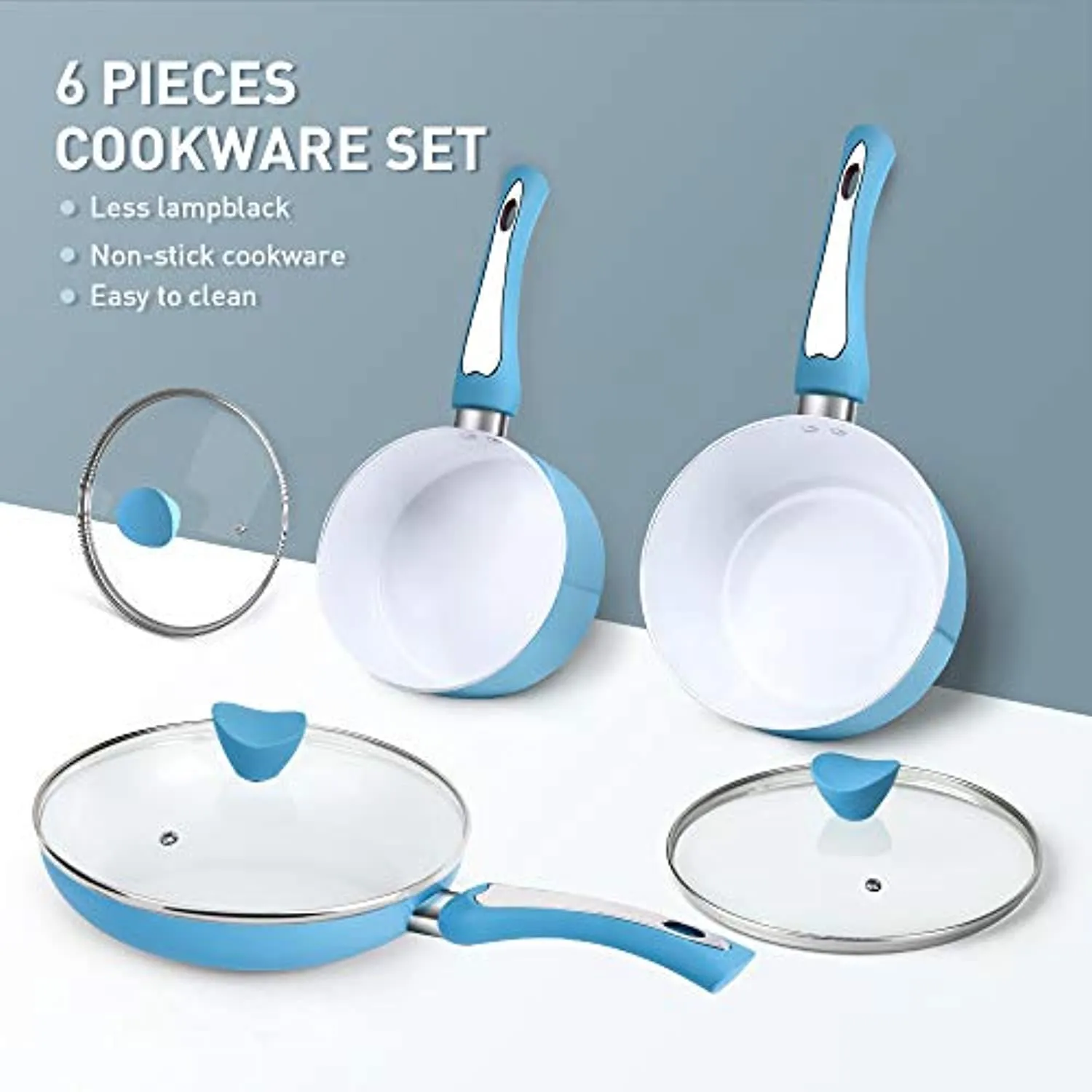 6 Pieces Nonstick Pots and Pans Set with Glass Lid Ceramic Cookware Set