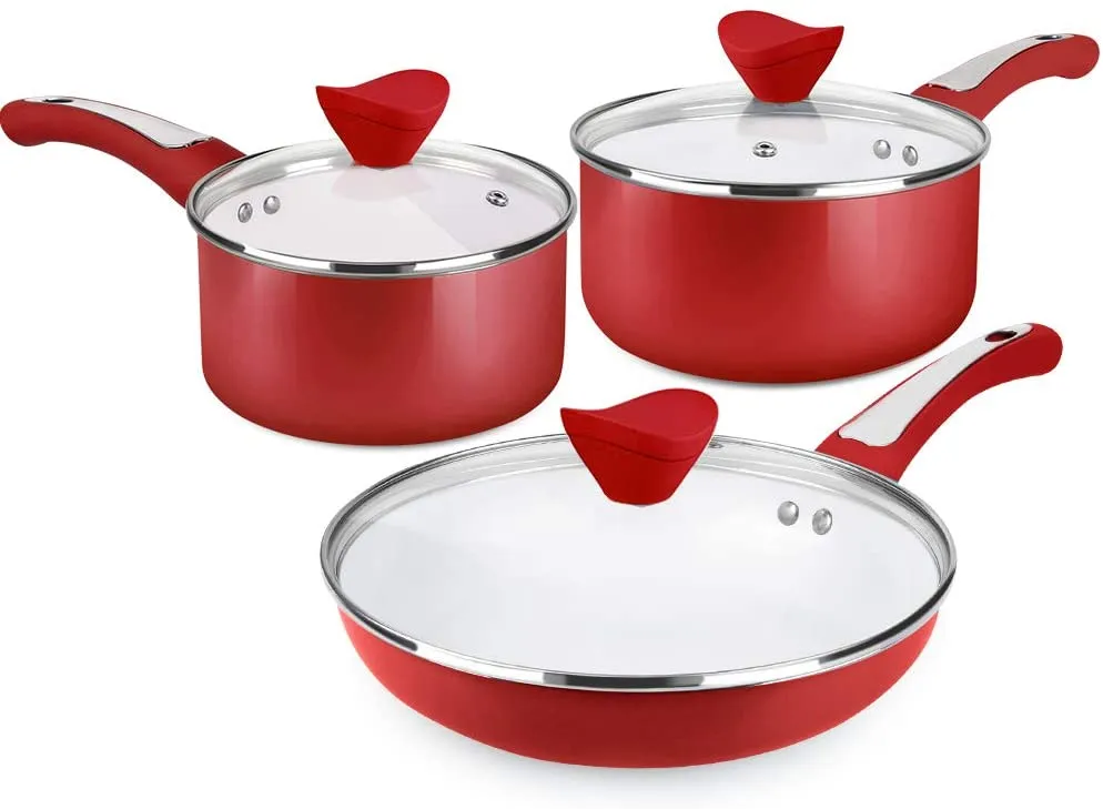 6 Pieces Nonstick Pots and Pans Set with Glass Lid Ceramic Cookware Set