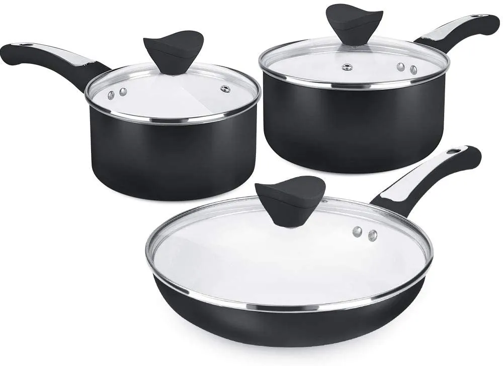 6 Pieces Nonstick Pots and Pans Set with Glass Lid Ceramic Cookware Set