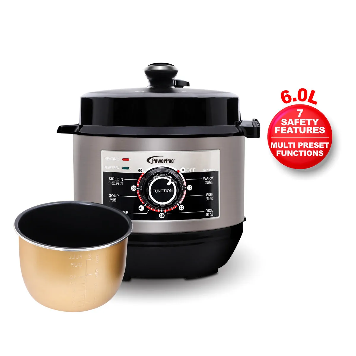 6.0L Electric Pressure Cooker, 7 Safety Features & Multi Preset Functions (PPC622)