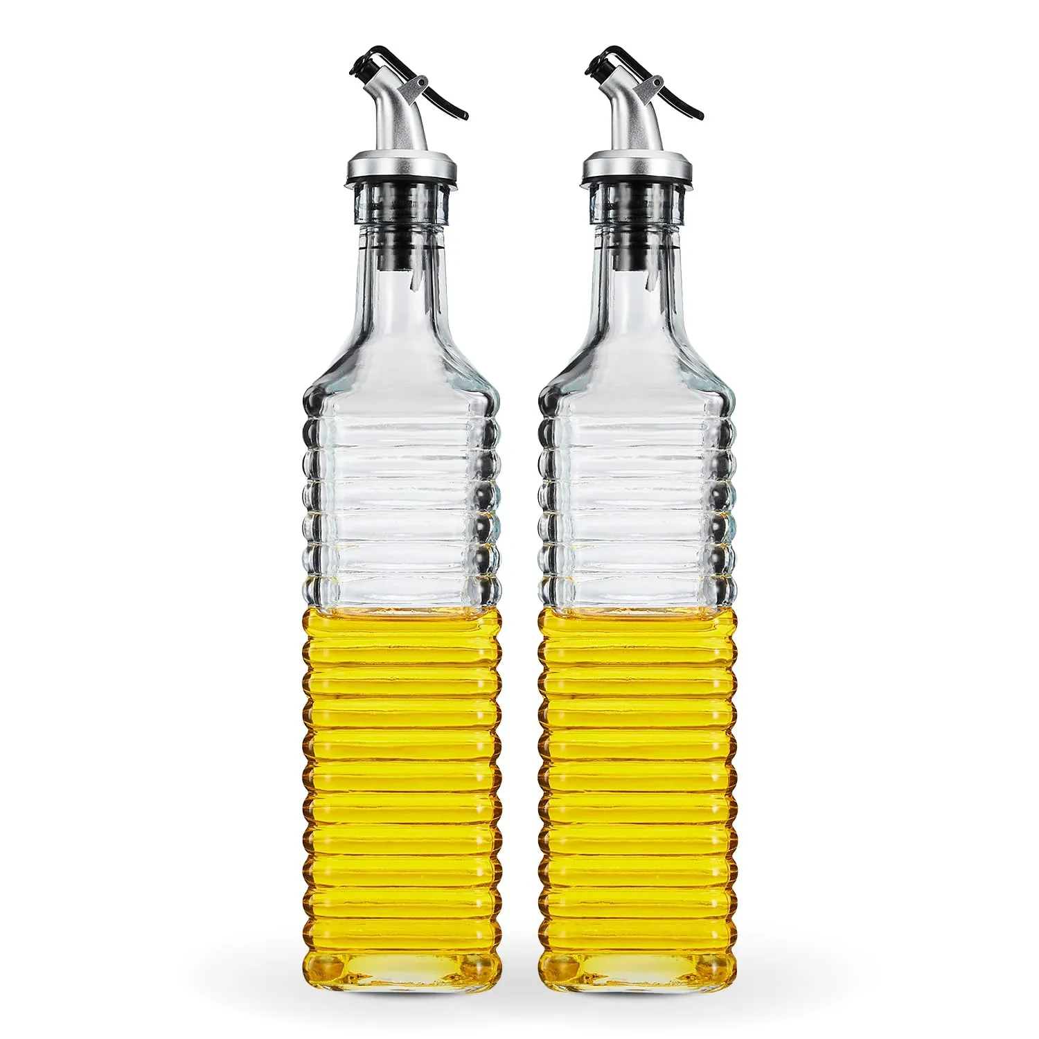 Amazon Brand - Solimo Oil Dispenser with Spout; Leak-proof, Dust-proof, Messy-pour-free, Silica Glass, Striped Design, Set of 2, 500 ml