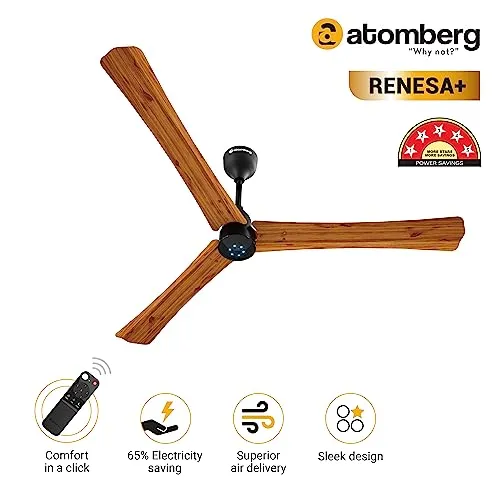 atomberg Renesa  1400mm BLDC Motor 5 Star Rated Ceiling Fans for Home with Remote Control | Upto 65% Energy Saving High Speed Fan with LED Lights | 2 1 Year Warranty (Oak Wood)