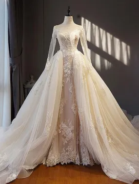 Beautiful Wedding Dresses A Line Long Sleeve Appliques Lace Sexy Princess Bridal Gown JKW334