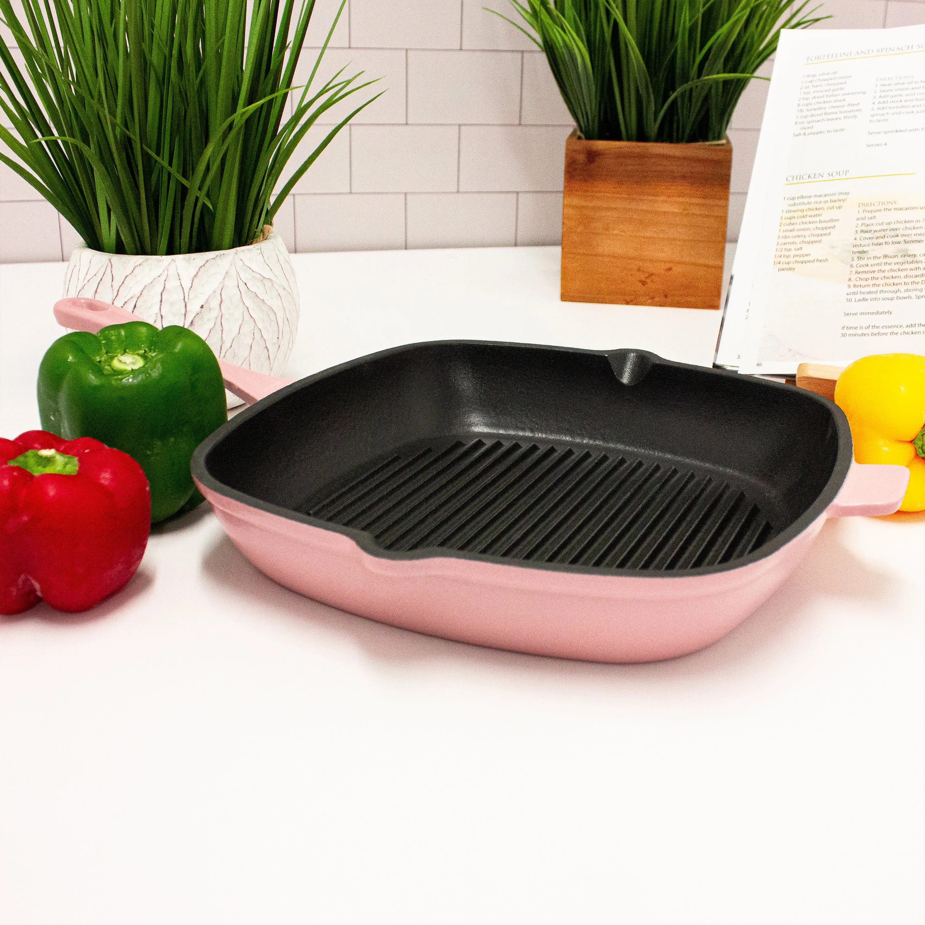 BergHOFF Neo 4pc Cast Iron Cookware Set, Grill Pan, Fry Pan & Oval Dutch Oven, Pink