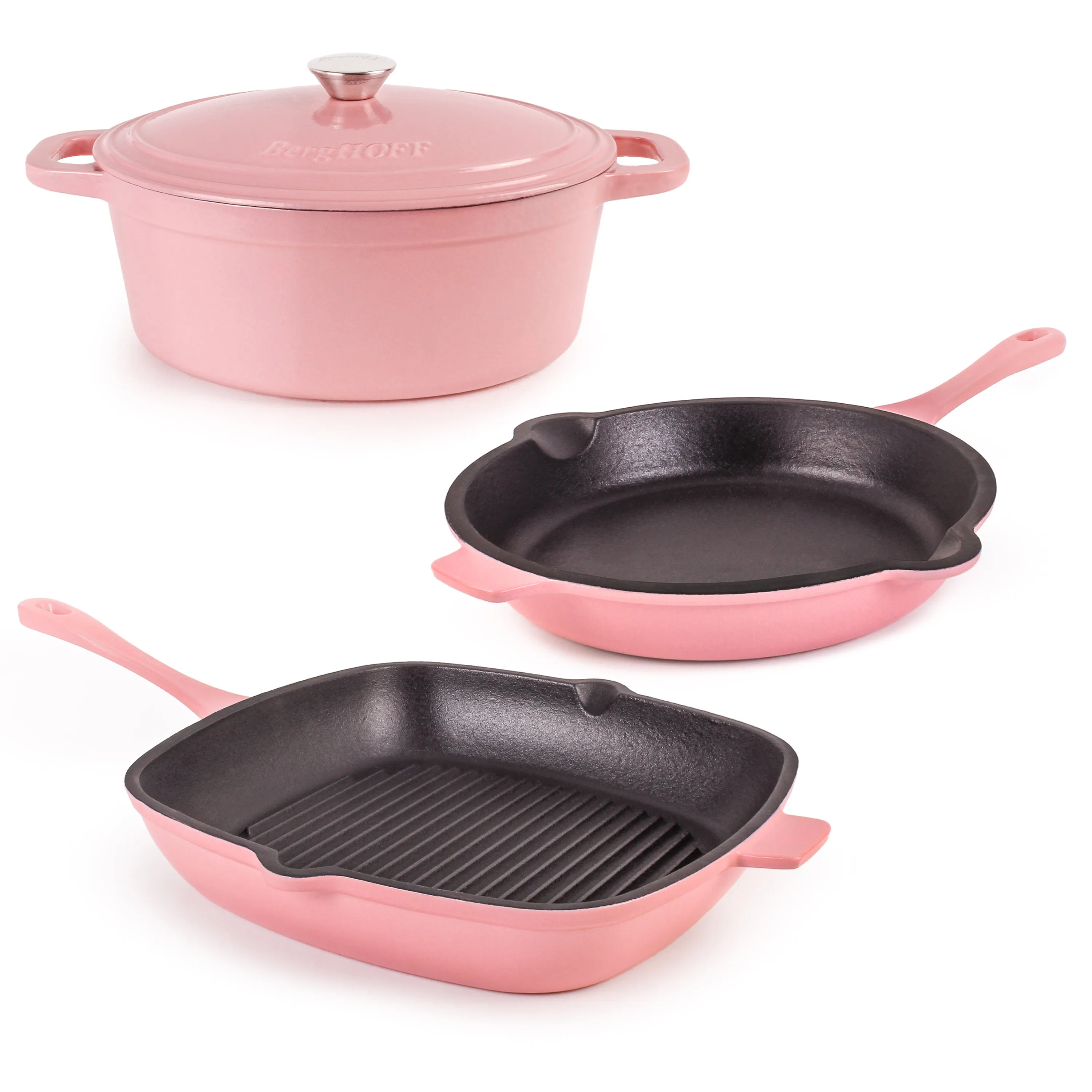 BergHOFF Neo 4pc Cast Iron Cookware Set, Grill Pan, Fry Pan & Oval Dutch Oven, Pink