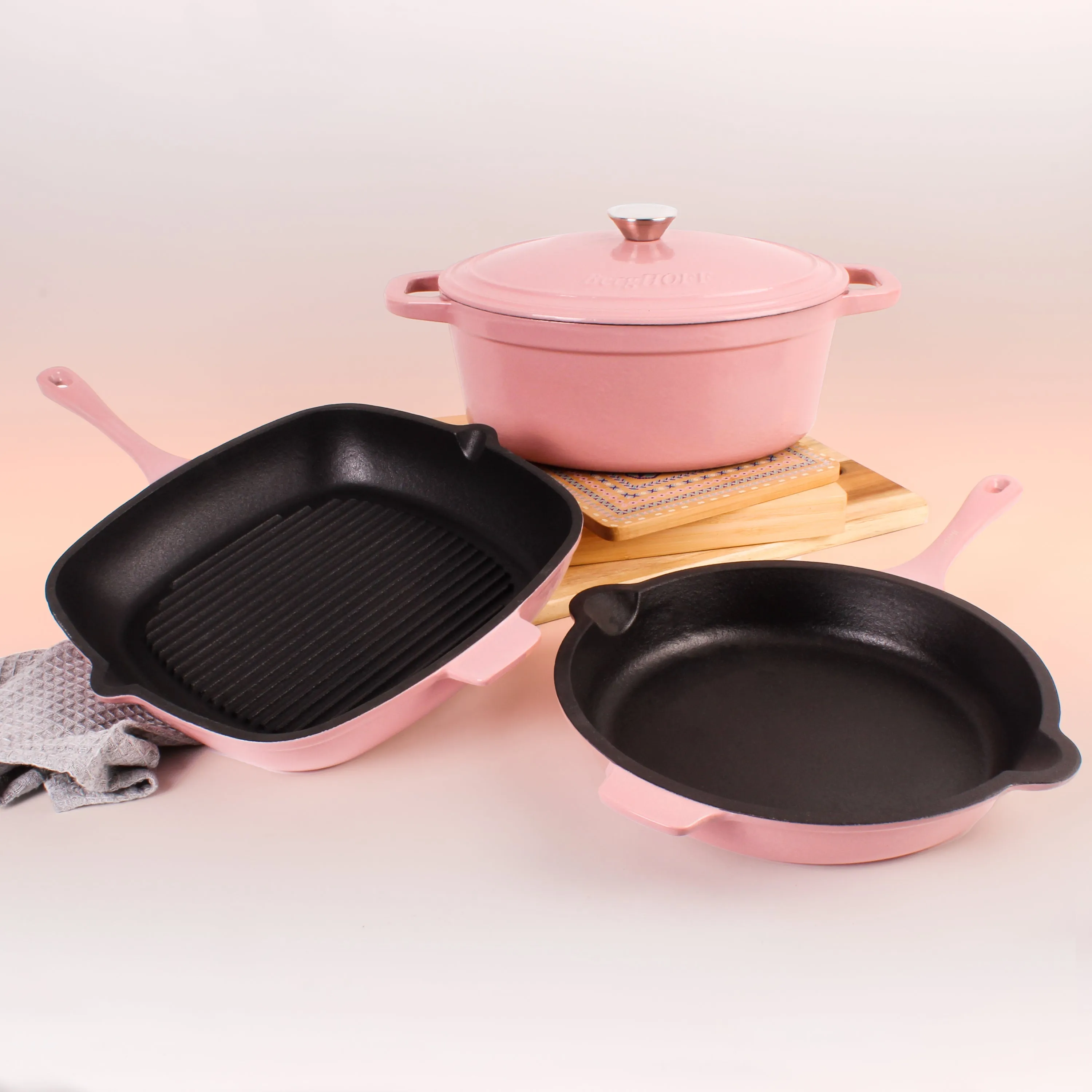 BergHOFF Neo 4pc Cast Iron Cookware Set, Grill Pan, Fry Pan & Oval Dutch Oven, Pink