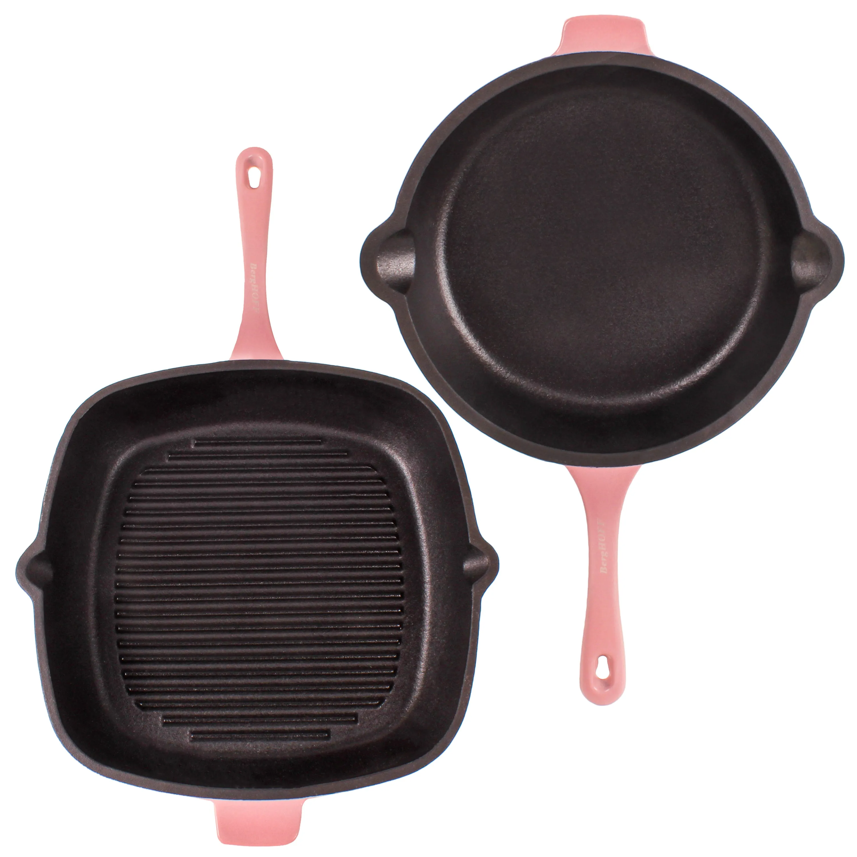 BergHOFF Neo 4pc Cast Iron Cookware Set, Grill Pan, Fry Pan & Oval Dutch Oven, Pink