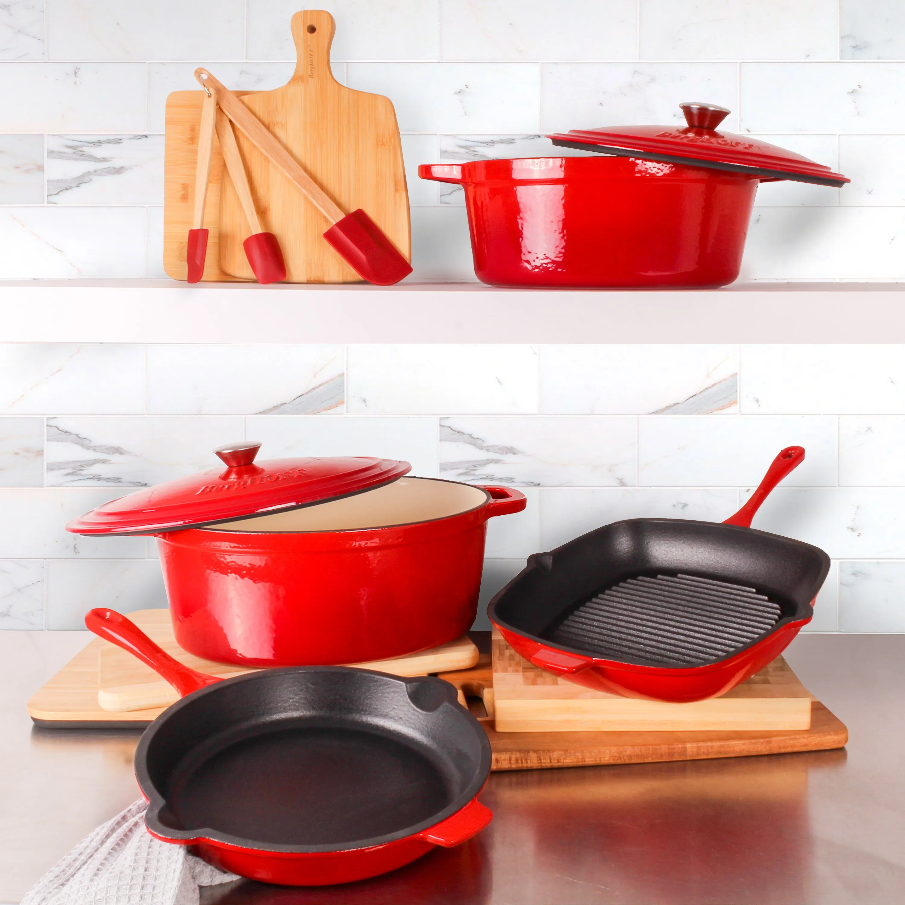 BergHOFF Neo 9pc Cast Iron Cookware Set, Red