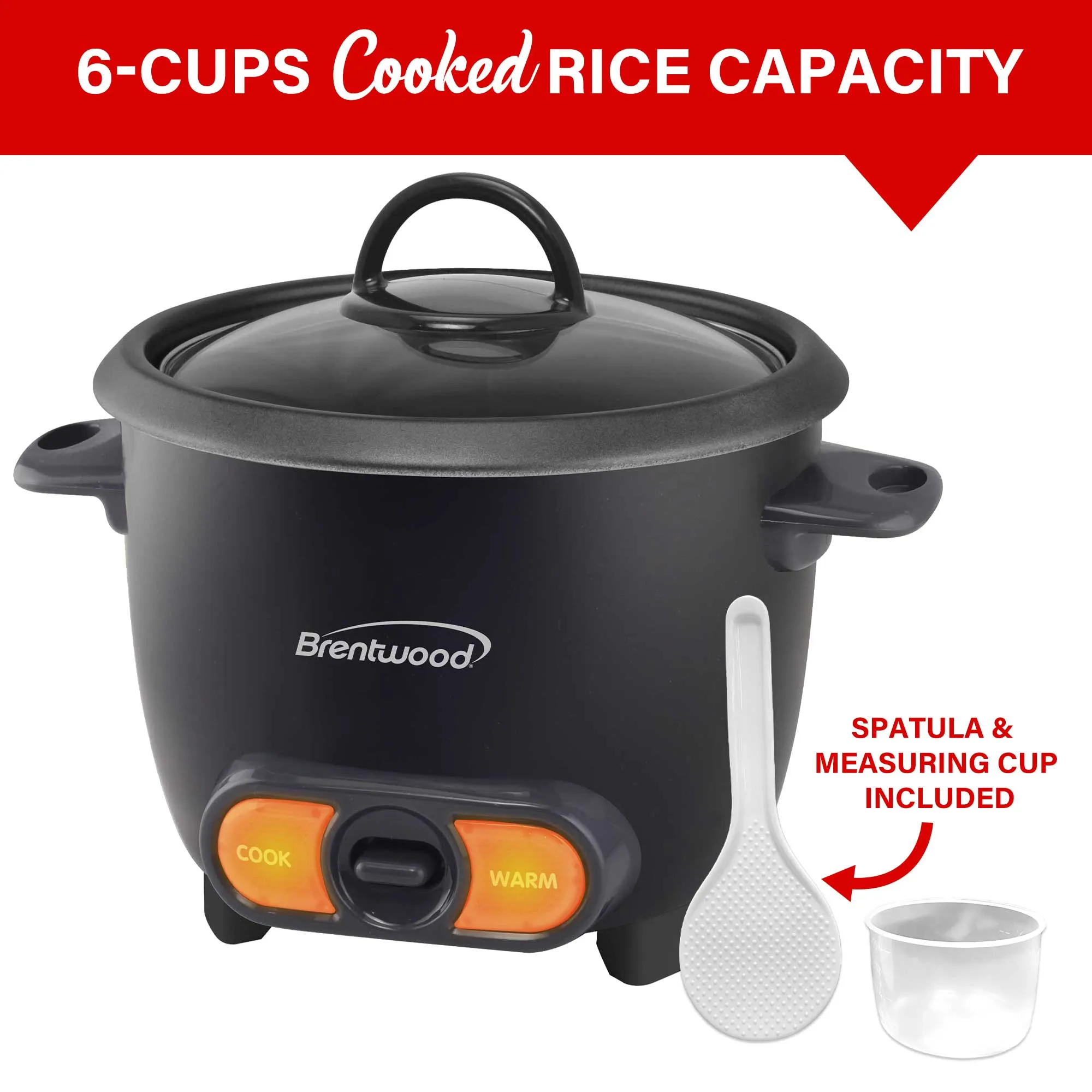 Brentwood TS-506BK 3-Cup Uncooked/6-Cup Cooked Rice Cooker, Black