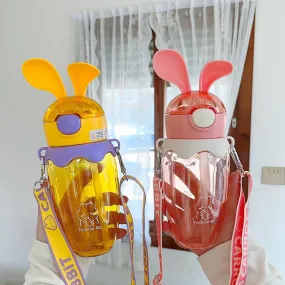 Cute Rabbit Water Bottle with Straw and Strap