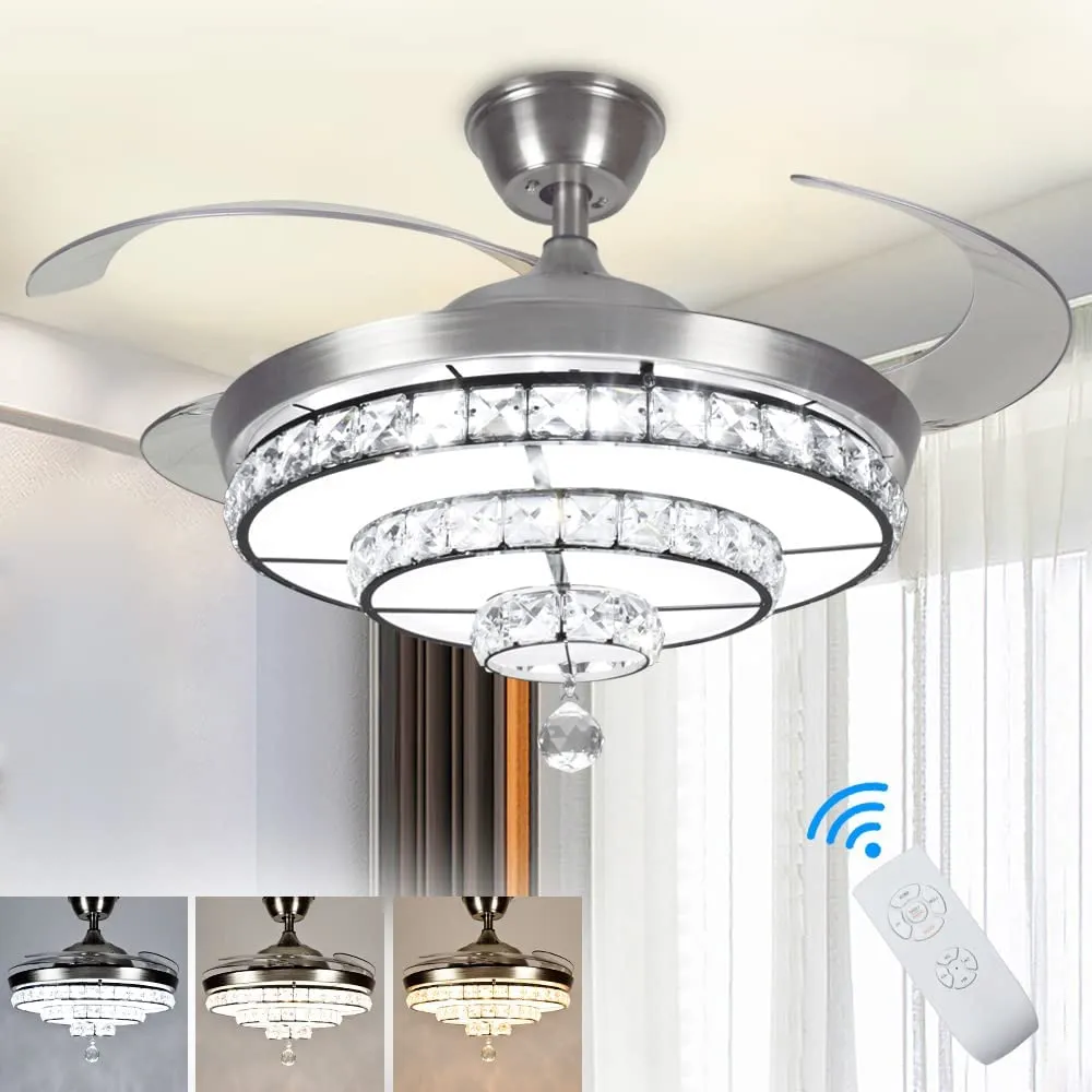 Depuley 36W Remote Crystal Ceiling Fan with Light 3-Blade Retractable LED Fan Chandelier Color  Changeable for Living Room Ect