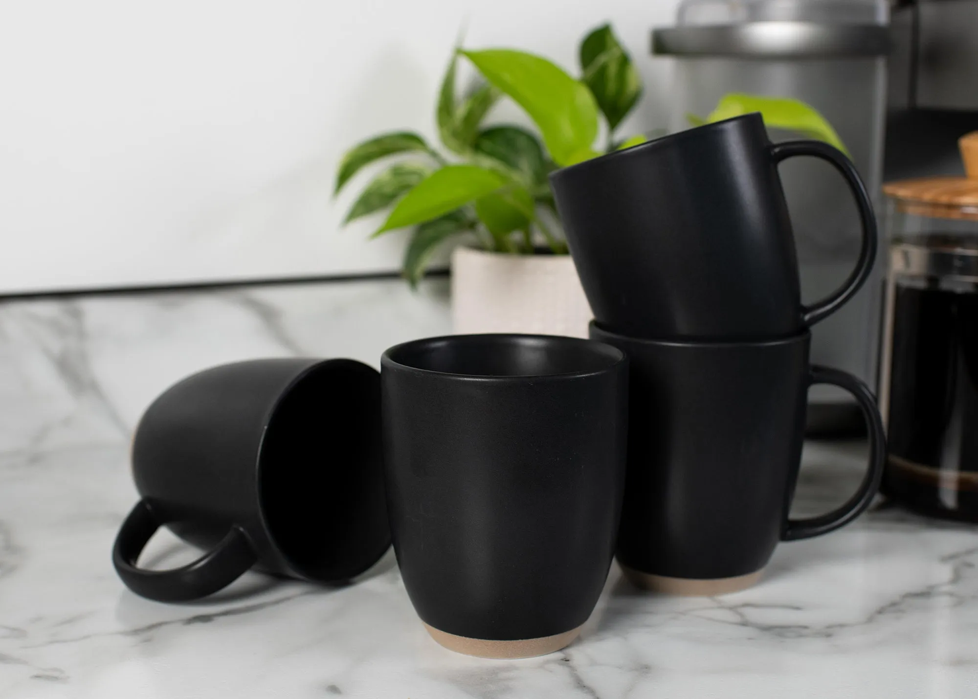 Elanze Designs Raw Clay Bottom Black 13 ounce Ceramic Coffee Mugs Set of 4