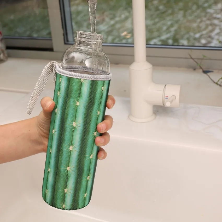 Glass Water Bottle Cactus Sleeve in Green