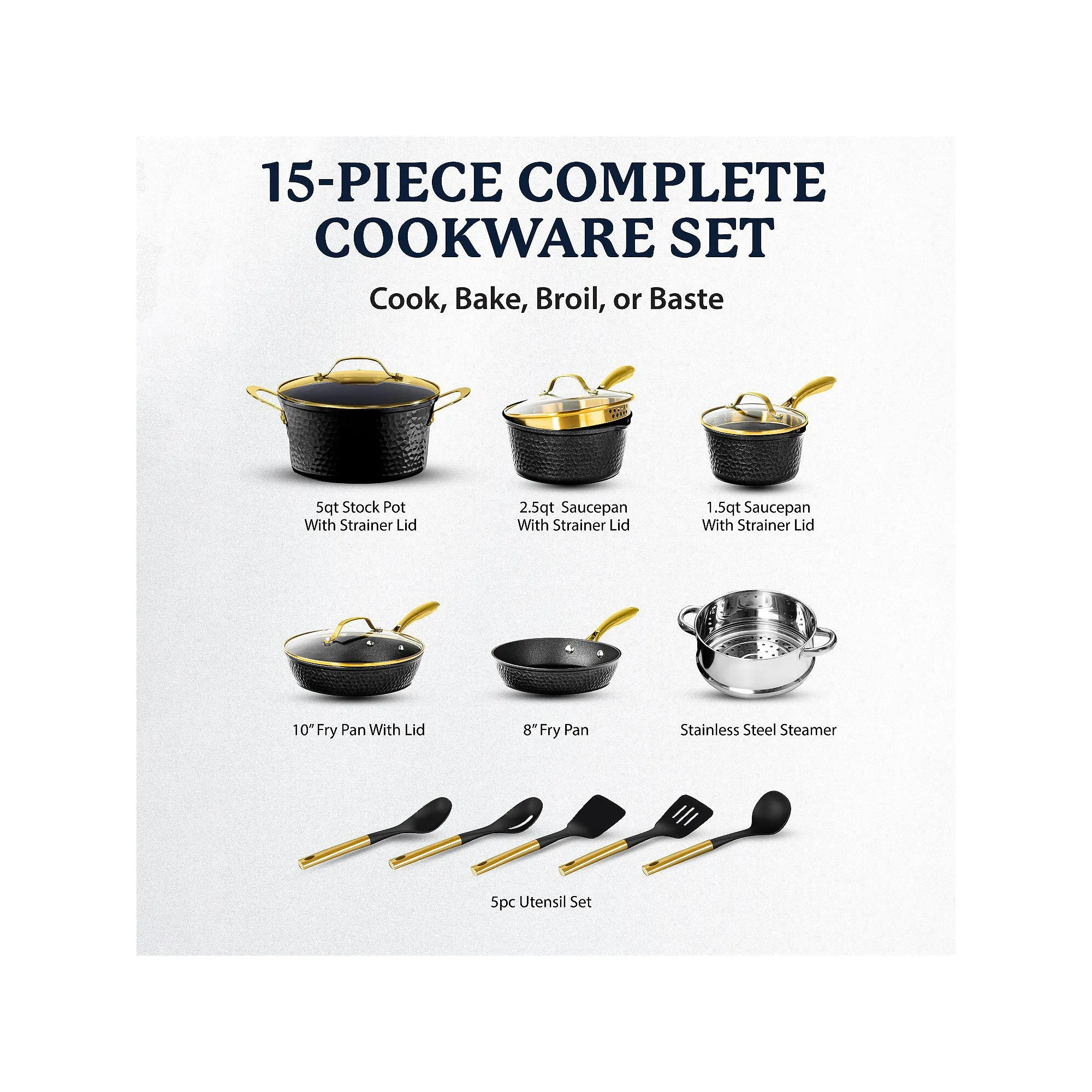 Granitestone Charleston Collection Hammered 15-Pc. Non-Stick Cookware Set - BLACK ONE SIZE