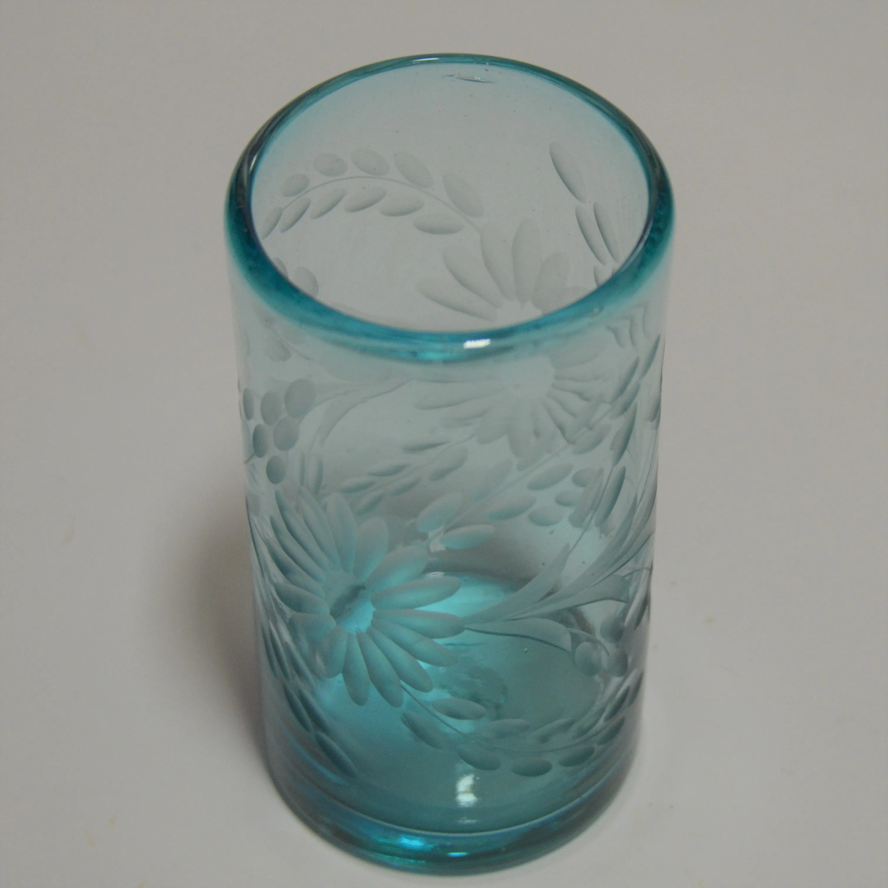 Hand Blown and Etched Turquoise Glass - Highball glass