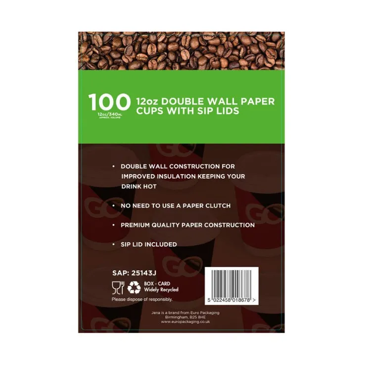 Jena 12oz Double Wall Paper Cup & Lids, Pack of 100