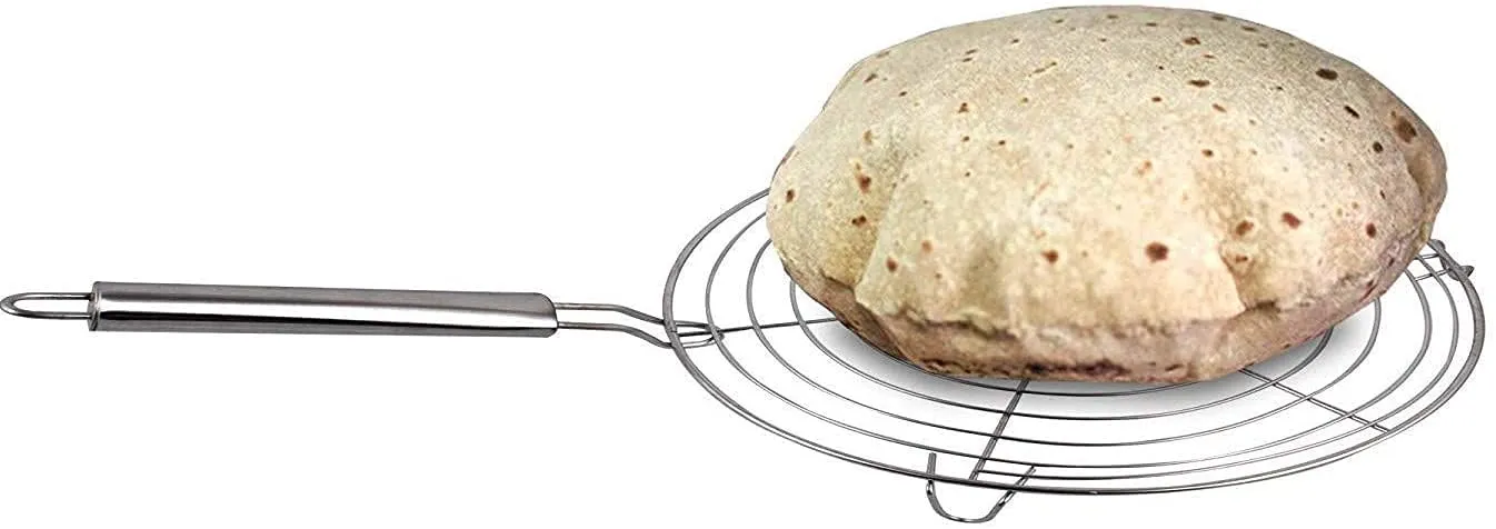 Kuber Industries Small Stainless Steel Round Papad Jali/Roti Roast Grill/Papad Roast Grill with Steel Handle (Silver), Standard