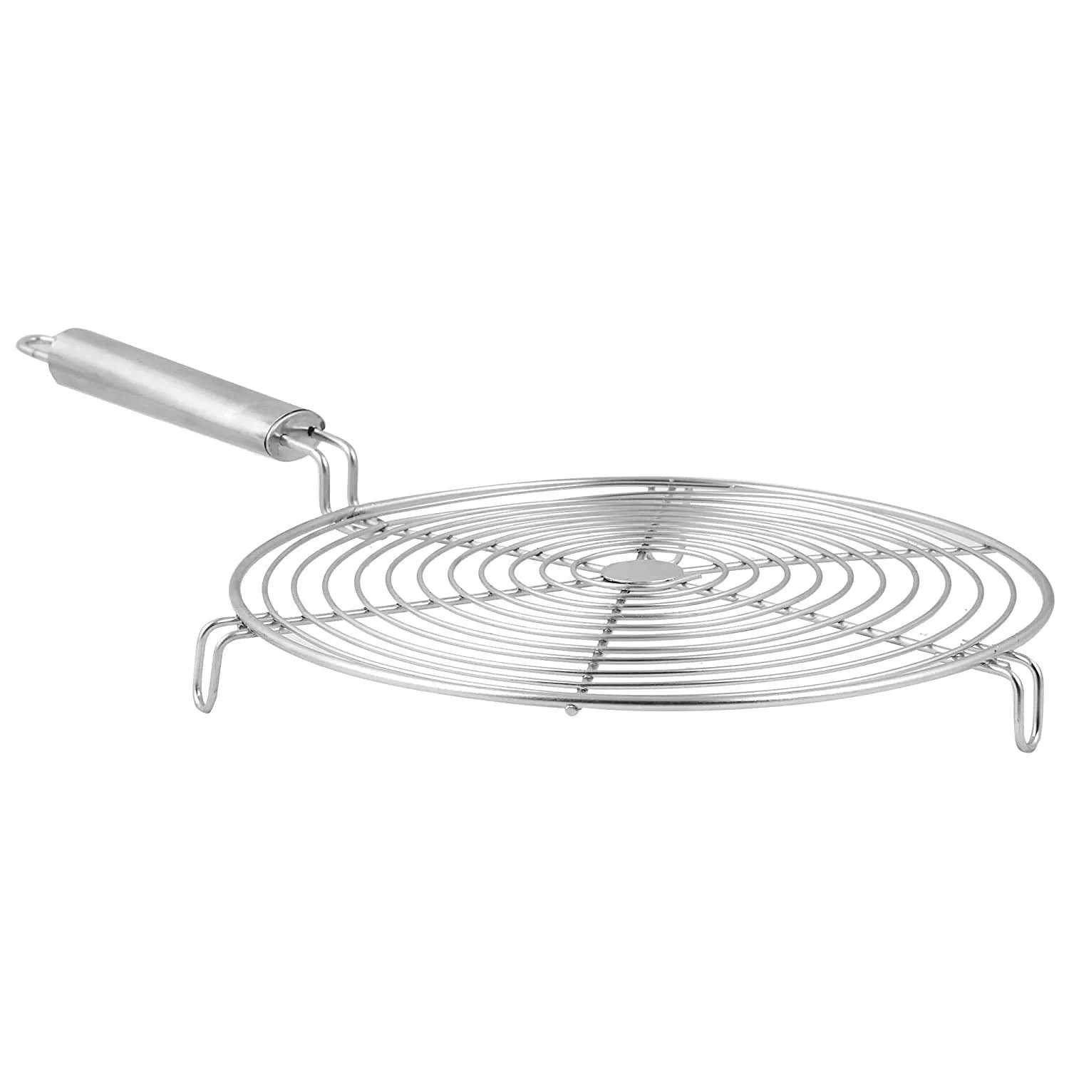 Kuber Industries Small Stainless Steel Round Papad Jali/Roti Roast Grill/Papad Roast Grill with Steel Handle (Silver), Standard