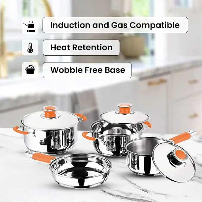 Kuber Industries Stainless Steel 4pcs Cookware Set and 4pcs Water Bottle | Gas Stove and Induction Friendly | Rust Proof, Easy to Clean & Store