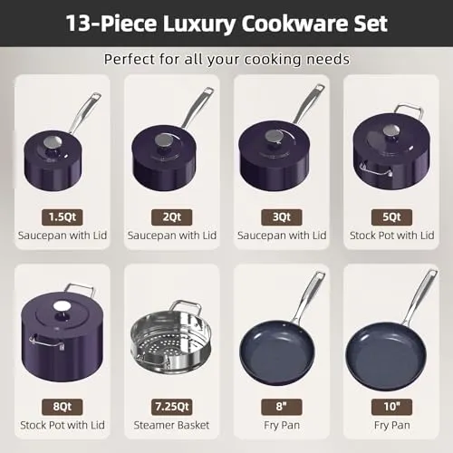 Lux 13-Pc Cookware Set, Ceramic Non-Stick, Premium Metal Lids with Flavor Channels, Ergonomic Stay-Cool Handles