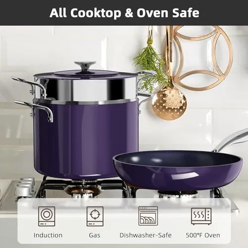 Lux 13-Pc Cookware Set, Ceramic Non-Stick, Premium Metal Lids with Flavor Channels, Ergonomic Stay-Cool Handles