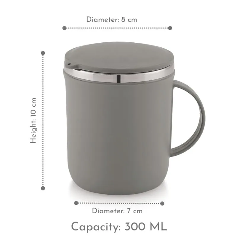 Magnus Espresso Mug | Grey Stainless Steel Coffee Mug 300ML With Lid and Handle | Wide Mouth Mug Keeps Beverages Hot & Cold 300ML (Set of 2 Pcs)