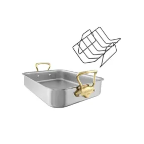 Mauviel Stainless Steel Roasting Pan With Rack, Brass Handles, 15.7 x 11.8-in