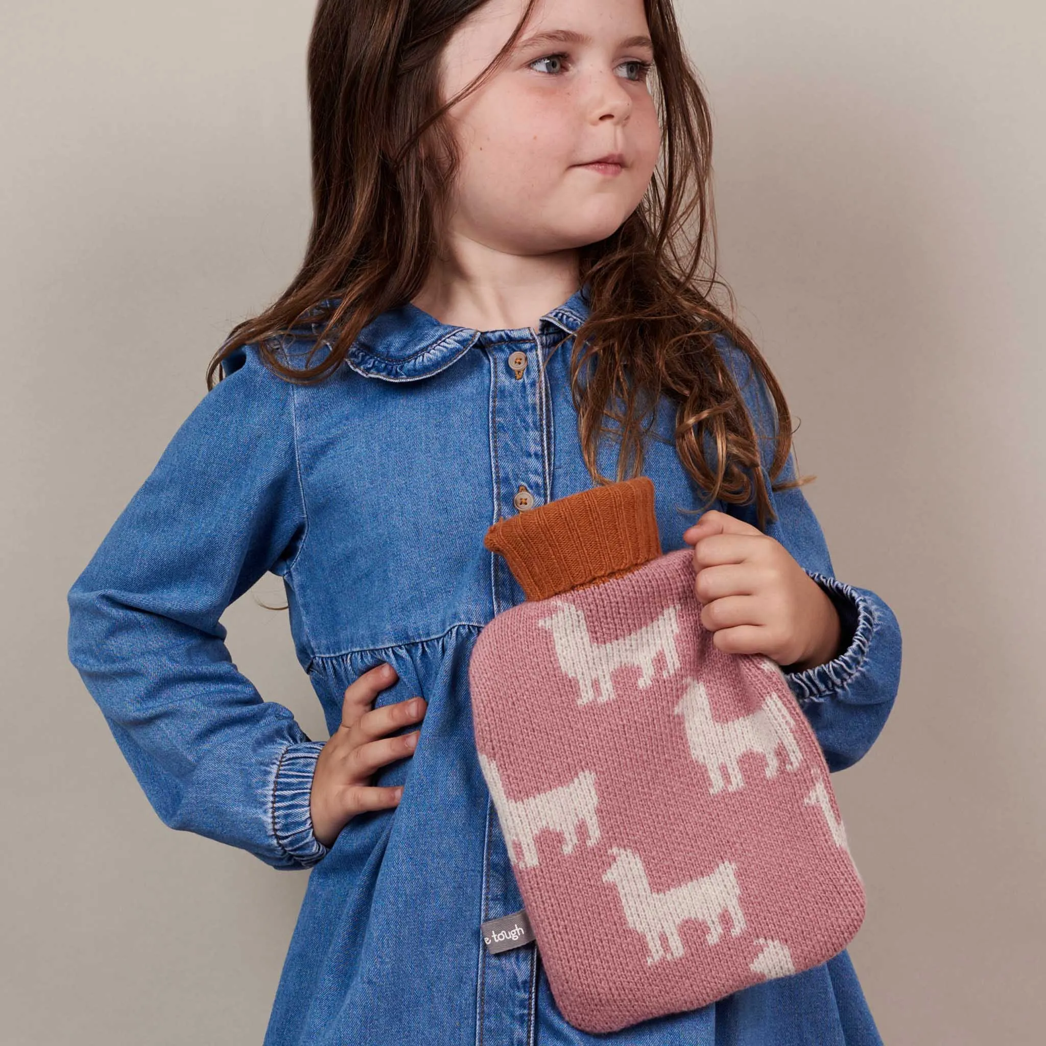 Mini Lambswool Kids Hot Water Bottle Set - Dusky Pink Llamas