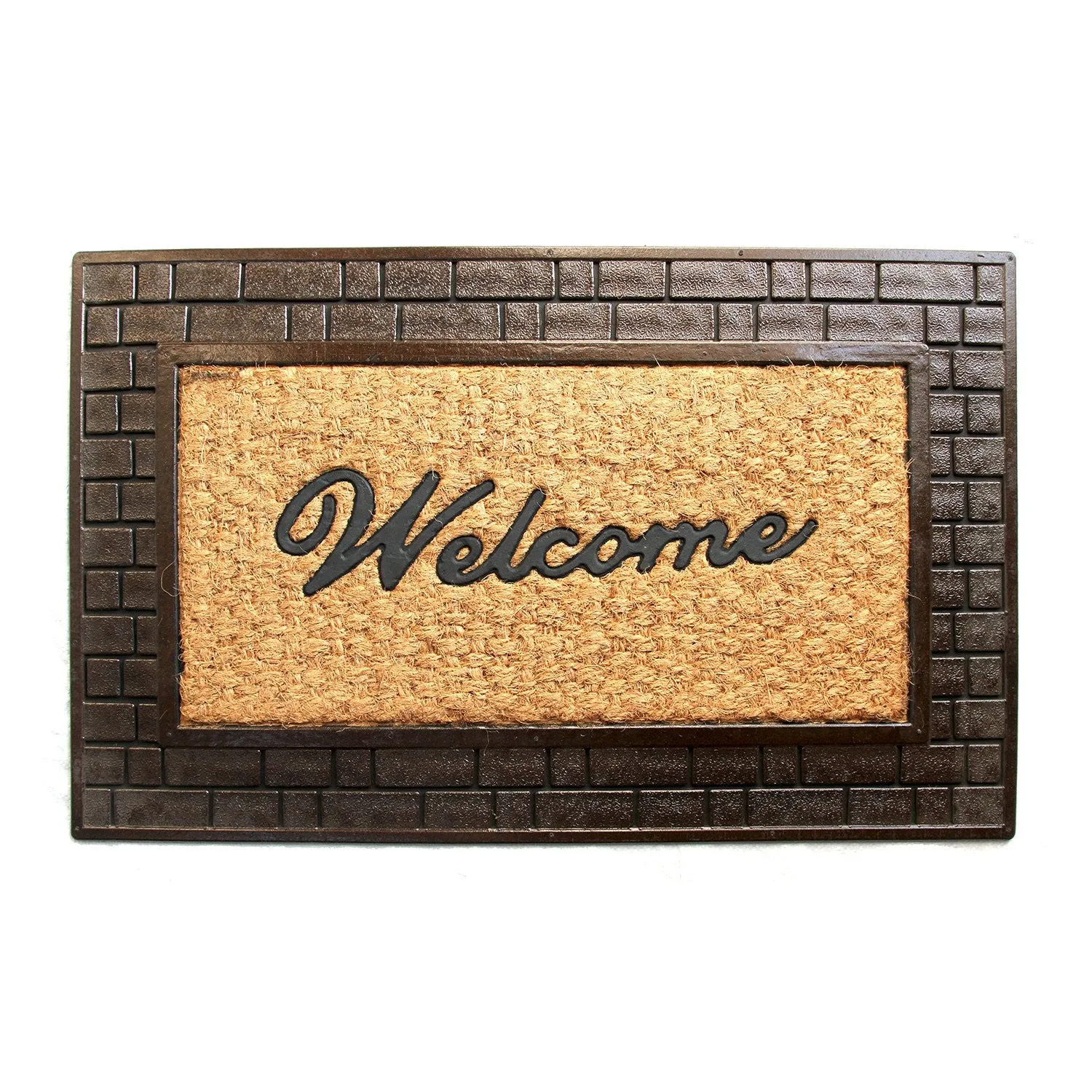 OnlyMat Golden Colour Coco Rubber Welcome Entrance Door Mat with Wide Brick Design Border