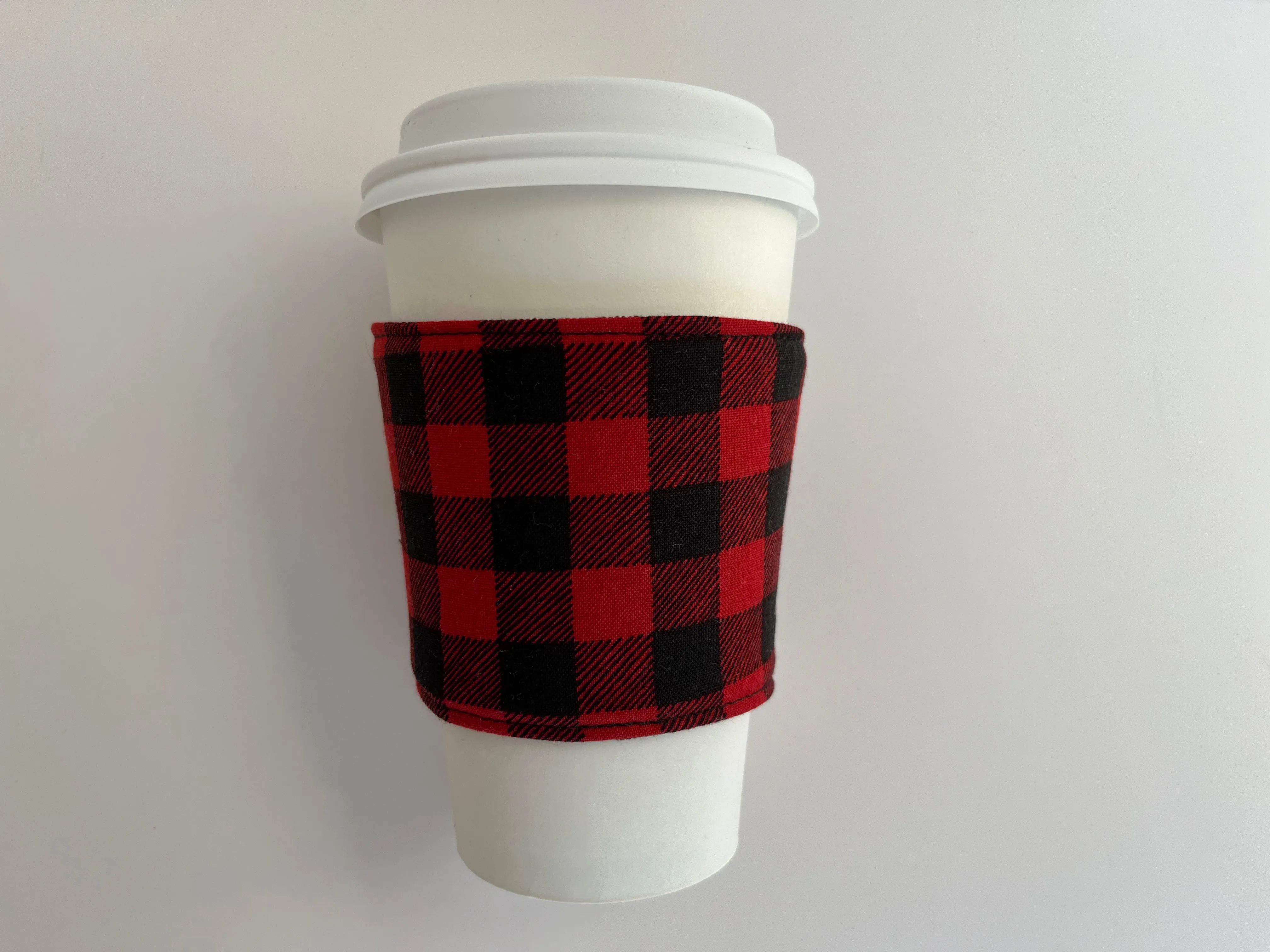 Red Check Buffalo Plaid Coffee Cup Cozy, fabric coffee sleeve