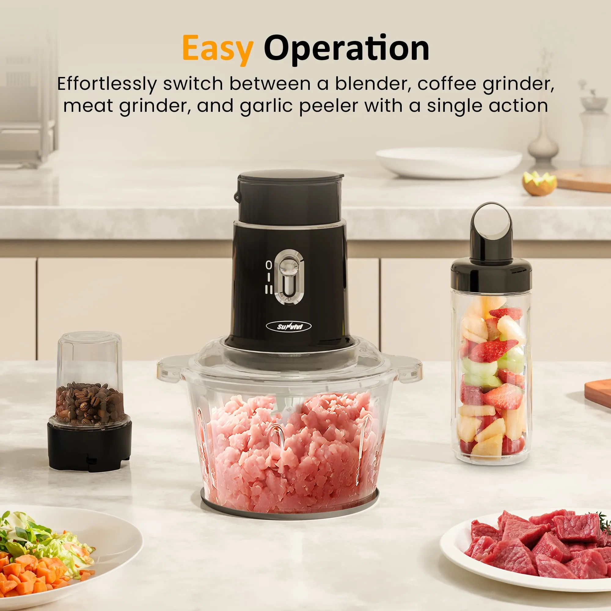 Sunvivi 250W Electric Food Chopper, 4 in 1 Food Grinder for Grinding Meat, Peeling Garlic & Juicing, 2 Speed Blender and Food Processor Combo with 1.5L Glass Bowl & 2 Cups (0.4L 0.2L), Black