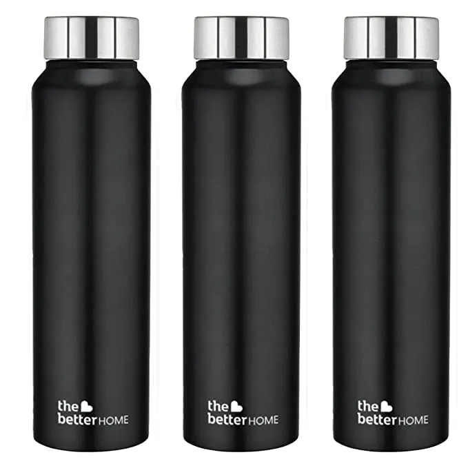 The Better Home 304 Stainless Steel Water Bottle 1 Litre | Water Bottle For Office Home | Water Bottle Steel | Steel Water Bottle For Kids School | Office Water Bottle For Women Men (Black - 3 Pcs)